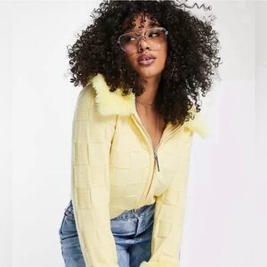 ASOS Faux Fur Cuff Knit Cardigan Full Zip Women 6 Butter Yellow